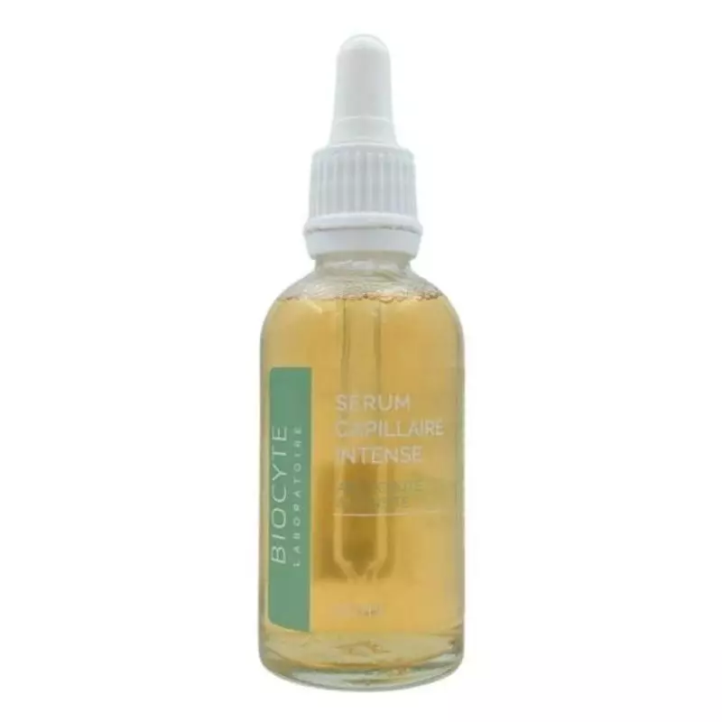 Flacon compte-gouttes transparent de sérum Biocyte 50 ml avec pipette blanche et étiquette verte, sé