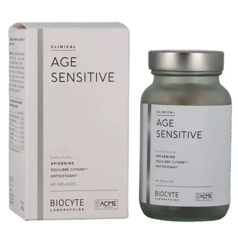 Boîte et flacon du complément Biocyte Clinical Age Sensitive, 60 gélules, emballage blanc et bouchon