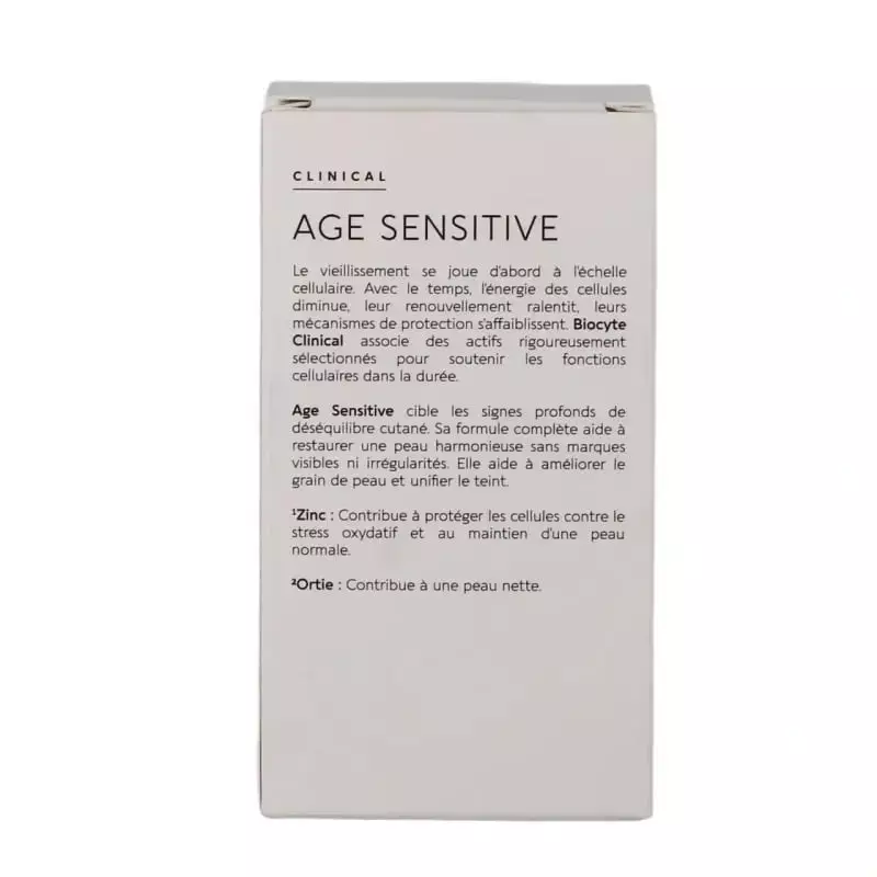 Dos de la boîte Biocyte Clinical Age Sensitive avec description, ingrédients et détails du complémen