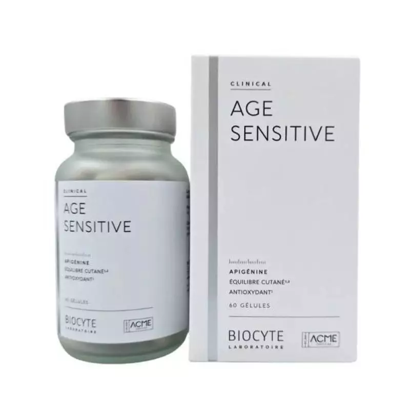 Flacon et boîte Biocyte Clinical Age Sensitive, emballage blanc de complément avec bouchon argenté, 