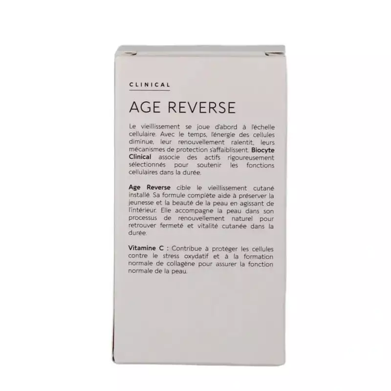 Arrière de la boîte Biocyte Clinical Age Reverse avec description du produit et bienfaits de la vita