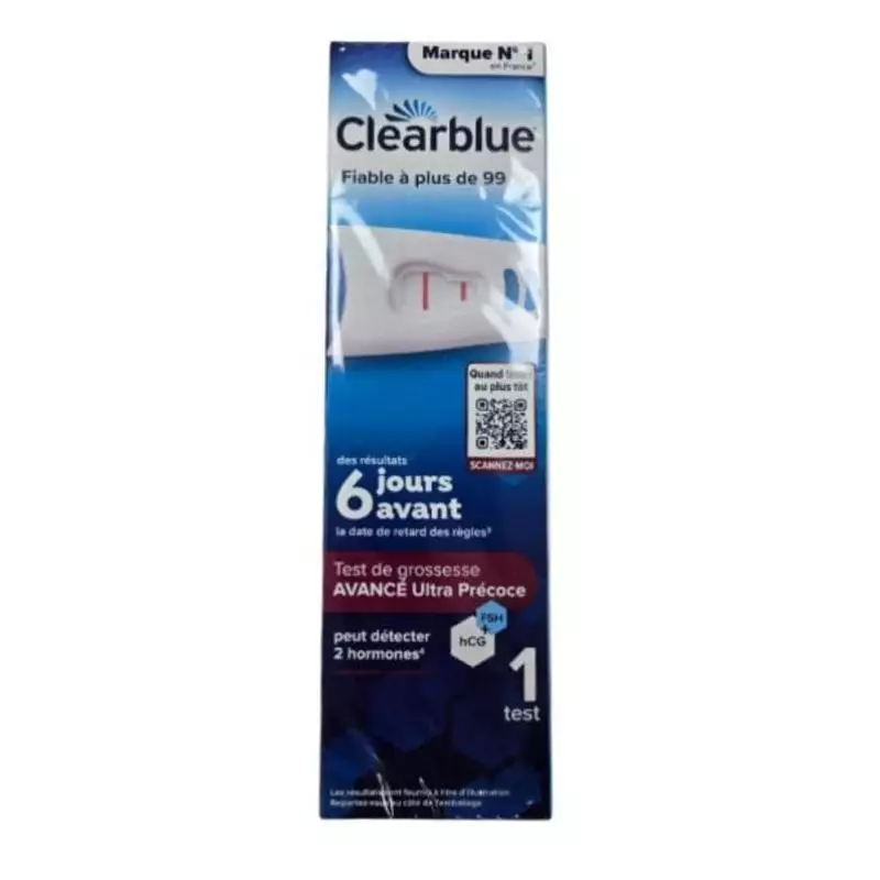 Boîte de test de grossesse précoce avancé Clearblue, 1 test, montrant le bâtonnet et la détection 6 