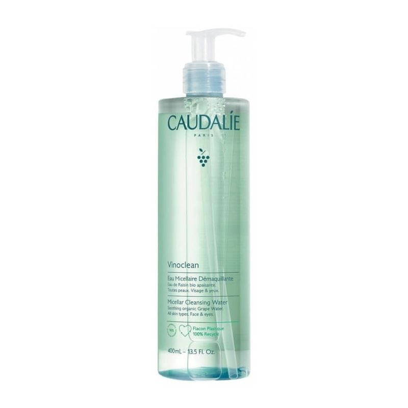 Caudalie Vinoclean eau micellaire 400 ml, flacon pompe en plastique 100 % recyclé, liquide vert