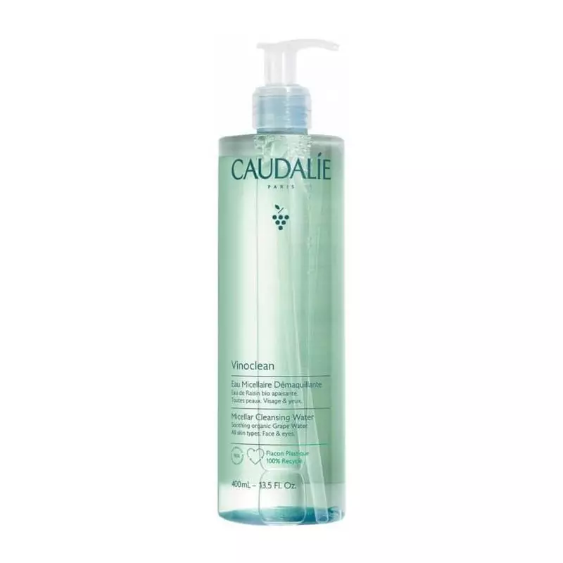 Caudalie Vinoclean eau micellaire 400 ml, flacon pompe en plastique 100 % recyclé, liquide vert