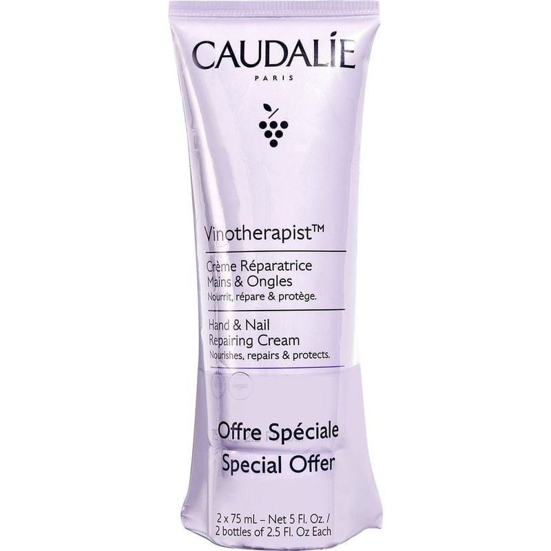 Crème mains et ongles réparatrice Caudalie Vinothérapie 2x75 ml, duo en offre spéciale, formule vega