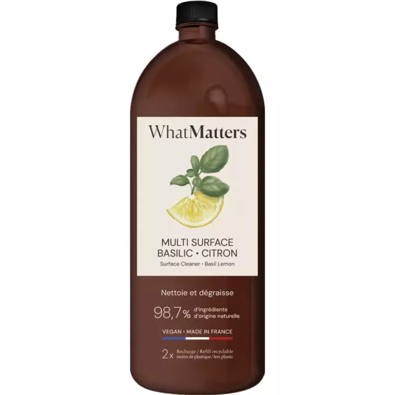 Flacon nettoyant multi-surfaces WhatMatters ambré 400 ml avec étiquette basilic citron et icône éco-