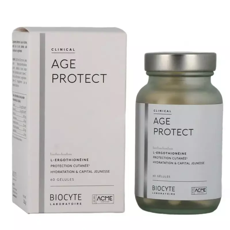 Boîte blanche Biocyte Clinical Age Protect à côté d'un bocal en verre vert de 60 gélules à couvercle