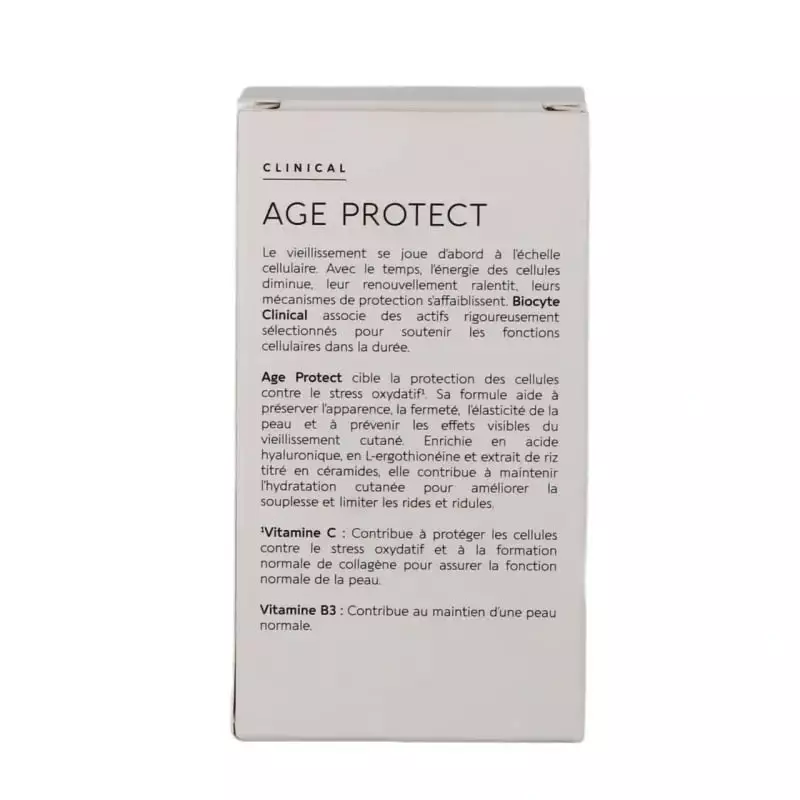 Panneau arrière de la boîte Biocyte Clinical Age Protect décrivant sa formule anti-âge cellulaire et