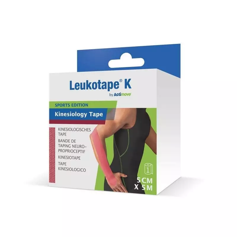 Packshot de la boîte de bande de kinésiologie Leukotape K Actimove rose, 5 cm x 5 m, avec bande rose