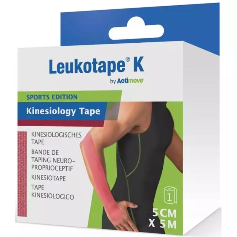 Packshot incliné de la boîte de bande de kinésiologie Leukotape K Actimove rose, 5 cm x 5 m, édition
