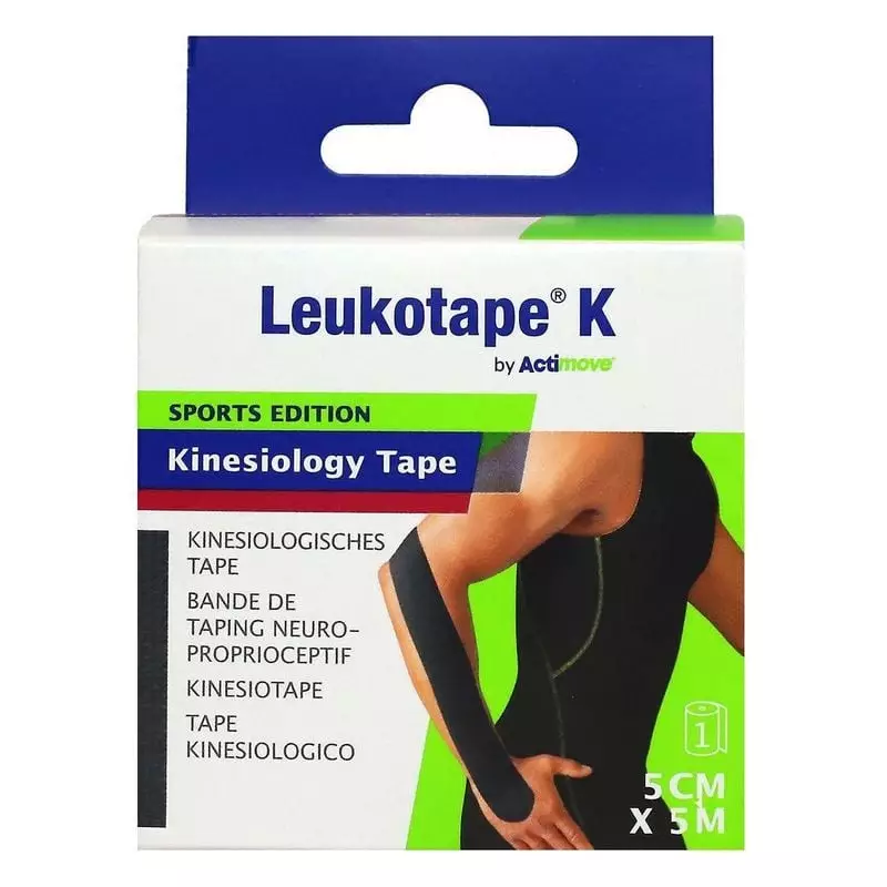 Packshot de la boîte de bande kinésiologique Leukotape K Actimove, rouleau noir 5 cm x 5 m, athlète 