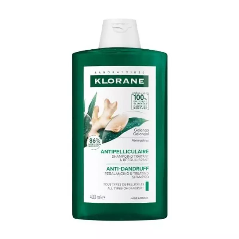 Packshot de face du flacon de shampoing antipelliculaire au galanga Klorane 400 ml avec bouchon blan