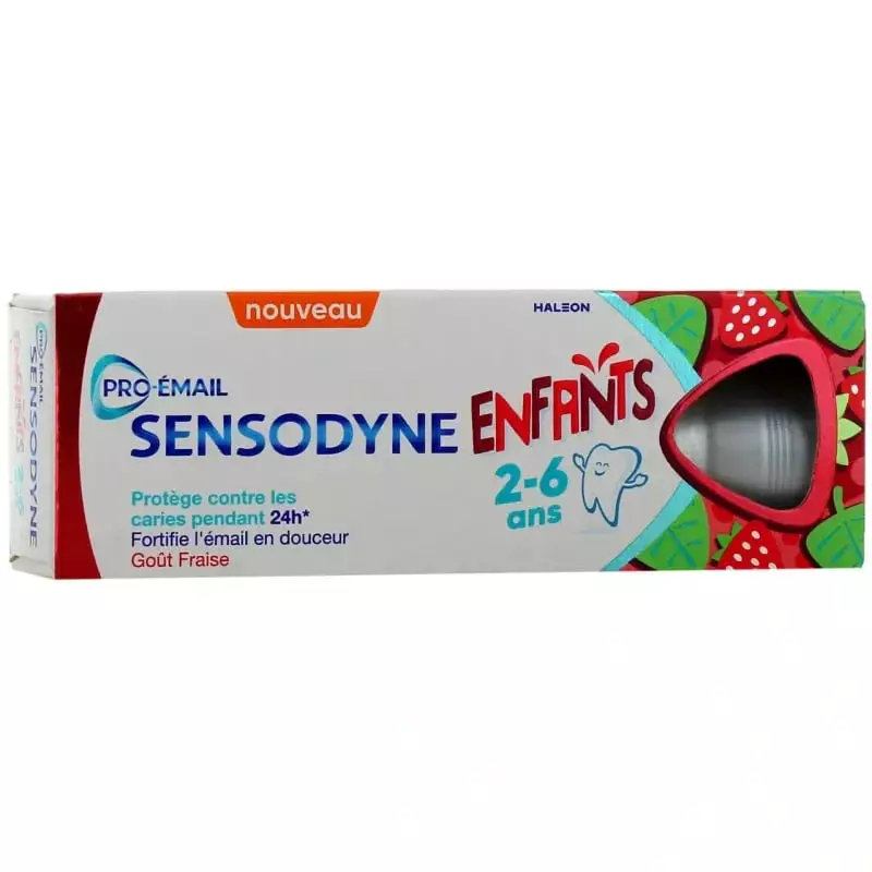 Vue de côté de la boîte de dentifrice Sensodyne Pro-Émail Enfants 2-6 ans montrant le tube de 50 ml 