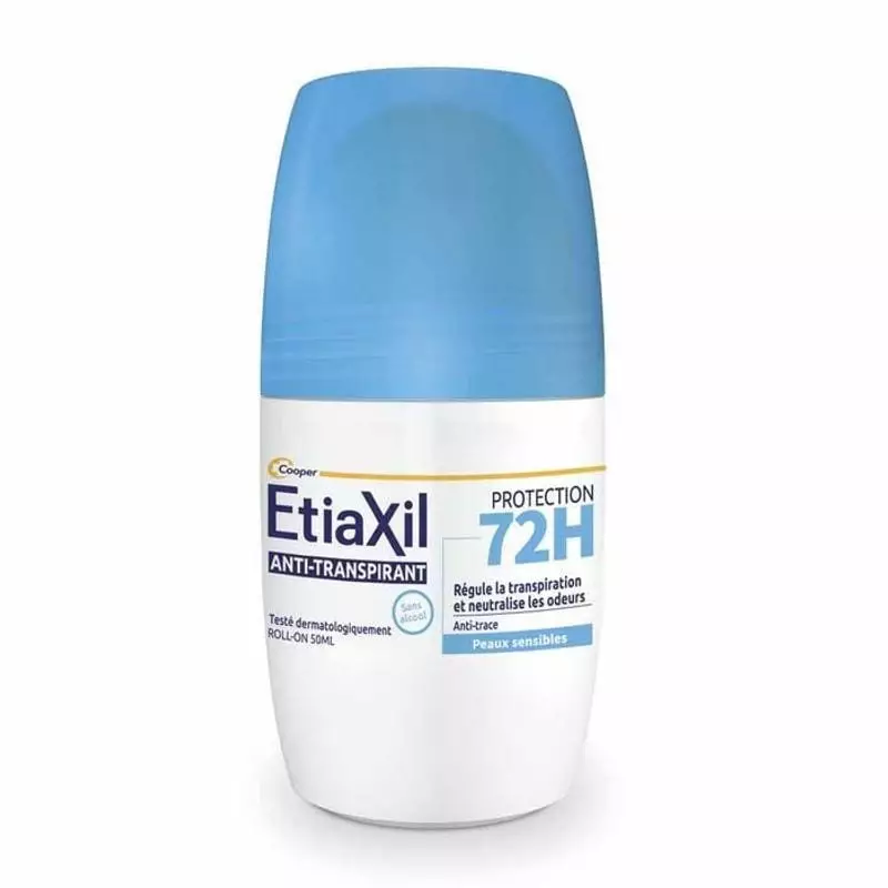 Etiaxil roll-on anti-transpirant 72H 50 ml, flacon blanc avec bouchon bleu, étiquette peaux sensible