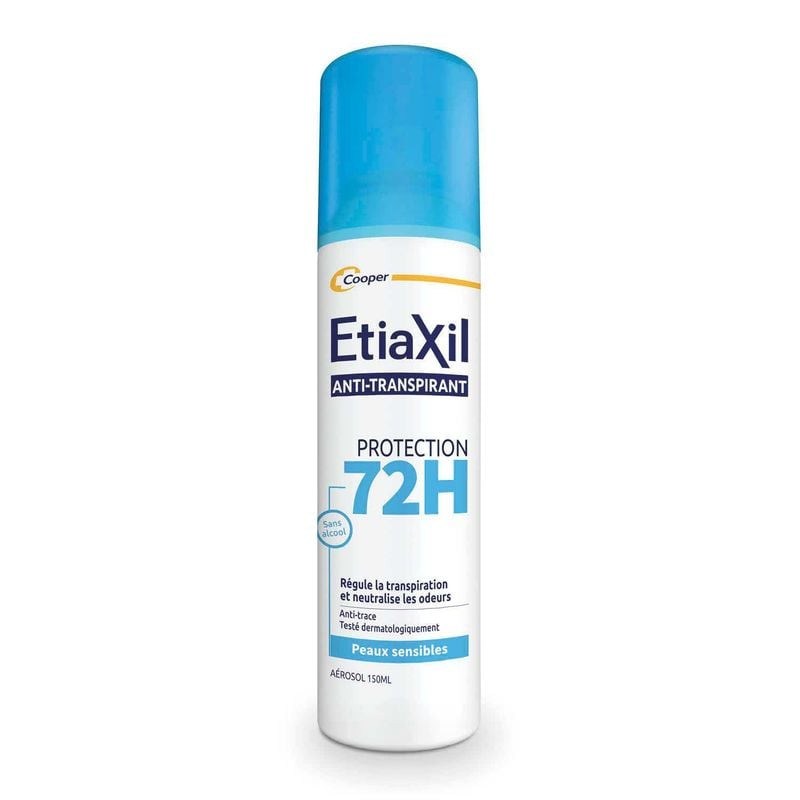 Packshot du déodorant anti-transpirant Etiaxil 72h pour peaux sensibles, format aérosol 150ml