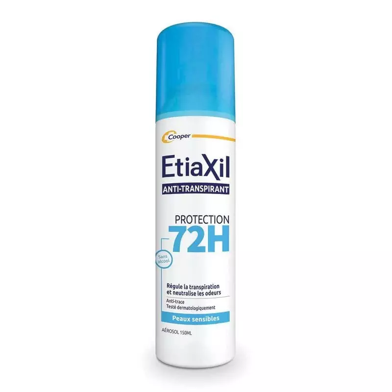 Packshot du déodorant anti-transpirant Etiaxil 72h pour peaux sensibles, format aérosol 150ml