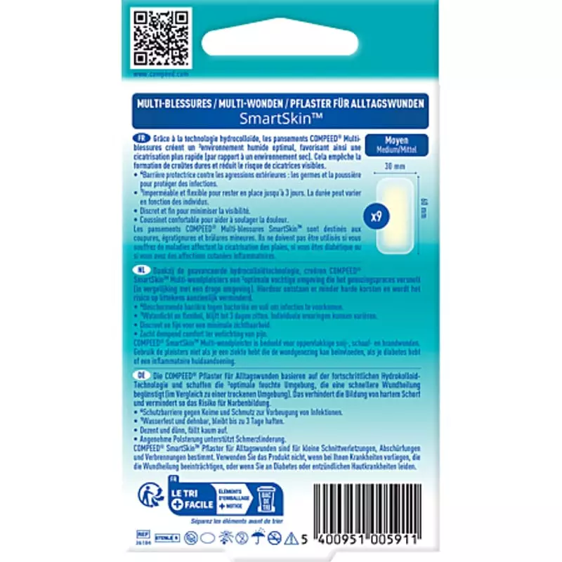 Compeed Pansements multi-blessures SmartSkin moyens x 9 : détail du pansement hydrocolloïde imperméa