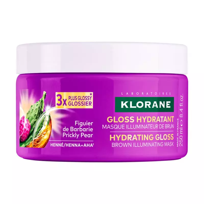 Packshot du masque Klorane gloss hydratant cheveux bruns - 250ml, soin éclat et hydratation.