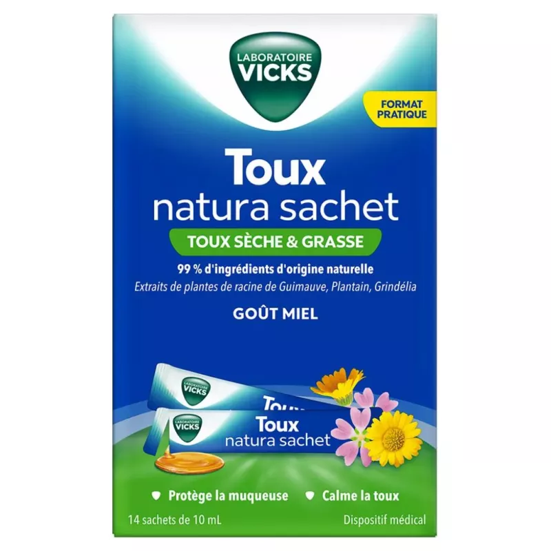 Sirop en sachet Toux Natura Vicks - Toux sèche & grasse - 10 sachets de 14ml