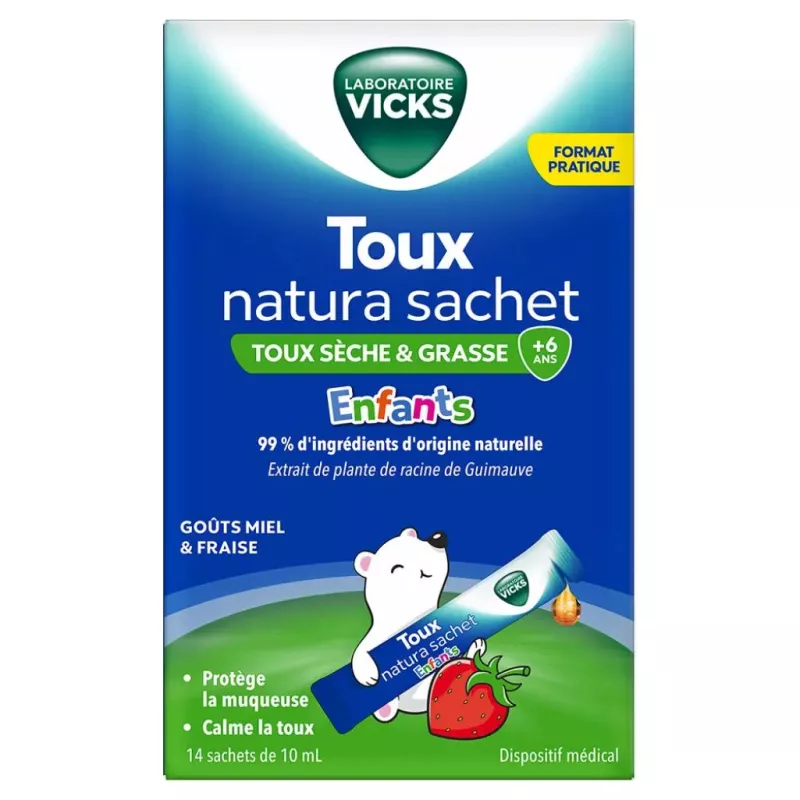 Sirop en sachet enfant Toux Natura Vicks - Toux sèche & grasse - 10 sachets de 14ml