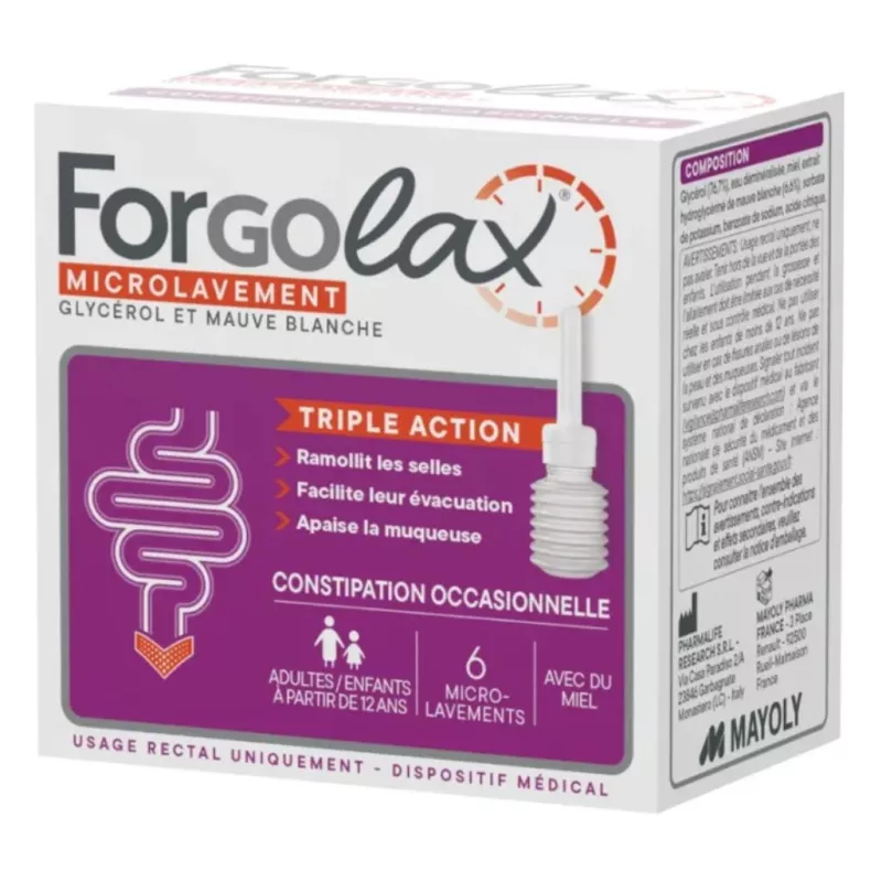 Microlavement triple action Forgolax Mayoly Spindler - Constipation occasionnelle - 6 unidoses de 9g