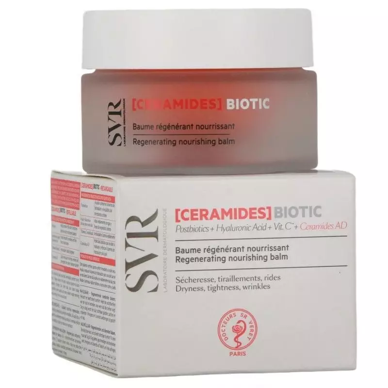Pot de baume SVR Céramides Biotic 50 ml au-dessus de son étui blanc avec détails produit.