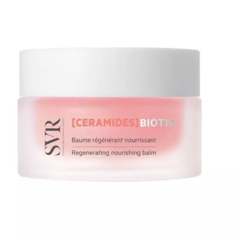 Vue de face du baume visage SVR Céramides Biotic 50 ml en pot givré, couvercle blanc et étiquette ro