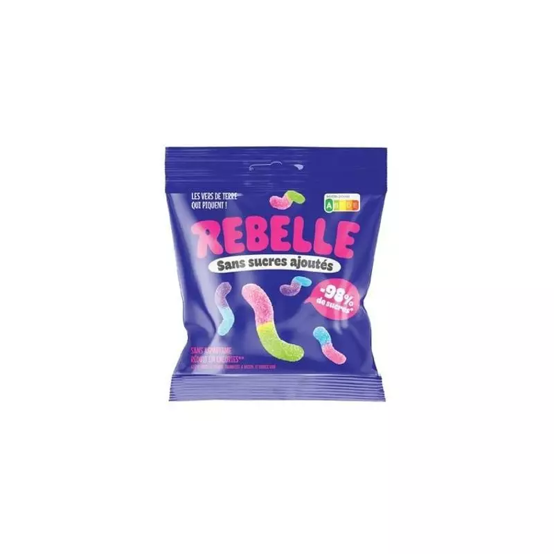 Sachet bleu Rebelle Bonbons vers acidulés 50 g, vers gélifiés colorés acidulés sans sucres ajoutés, 