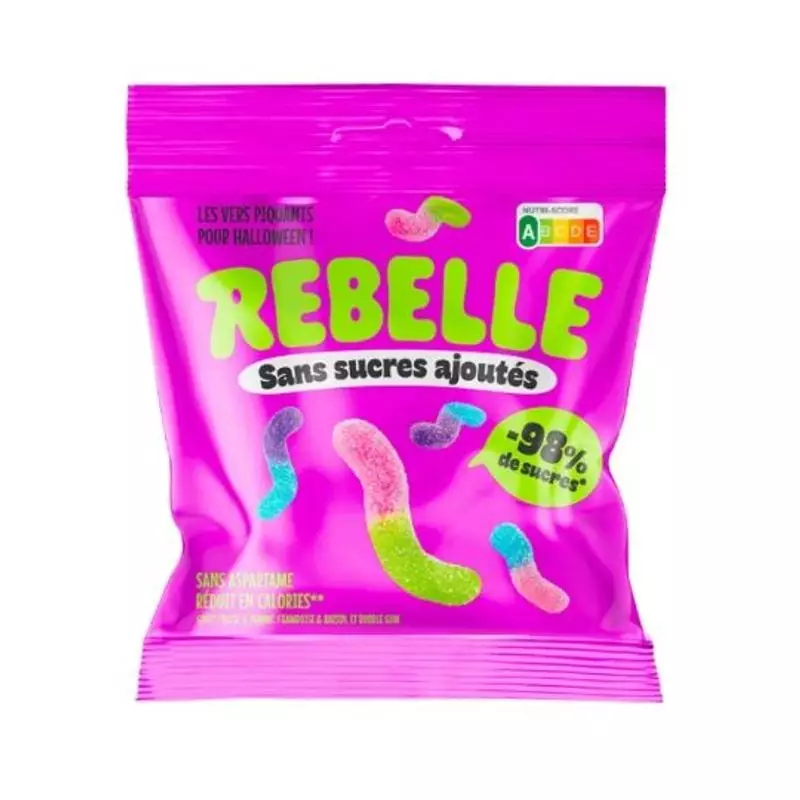 Sachet rose Rebelle Bonbons vers acidulés 50 g avec vers gélifiés acidulés et colorés, sans sucres a