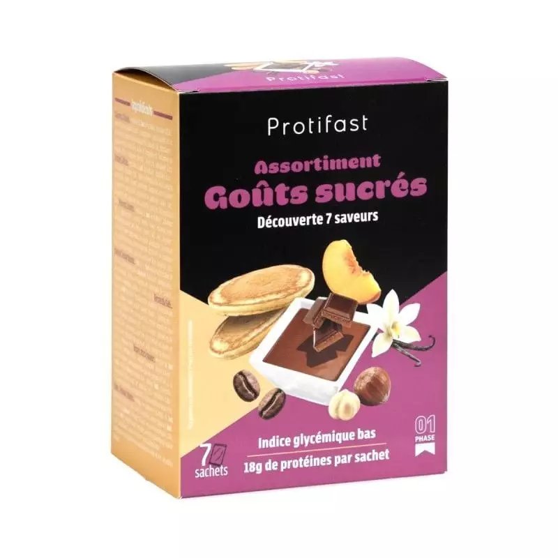 Packshot du coffret Protifast Assortiment goûts sucrés - 7 sachets, préparations hyperprotéinées hyp