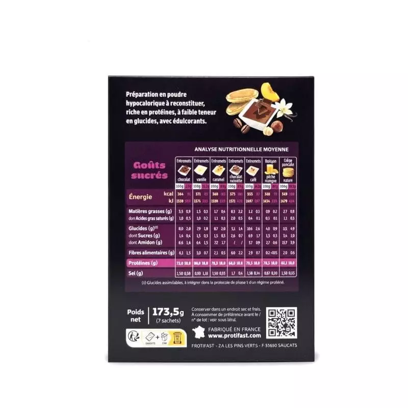 Détail du coffret Protifast Assortiment goûts sucrés - 7 sachets, 7 saveurs à 90 kcal