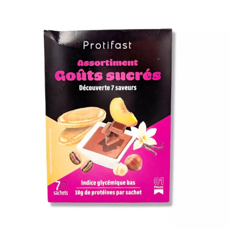 Packshot du coffret Protifast Assortiment goûts sucrés - 7 sachets, 7 saveurs hyperprotéinées hypoca