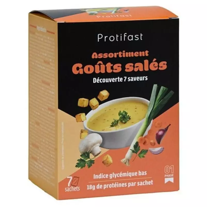 Face avant de la boîte Protifast Assortiment Goûts Salés avec 7 sachets salés, un bol de soupe et de