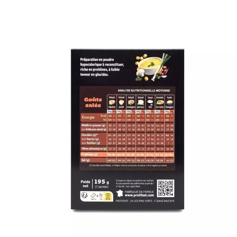 Tableau nutritionnel Protifast Assortiment Goûts Salés : énergie, protéines, glucides et lipides par