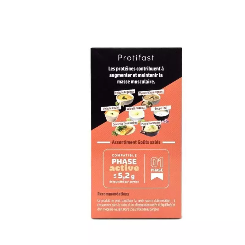 Dos de la boîte Protifast Assortiment Goûts Salés : 7 saveurs salées et infos compatibilité phase 1.