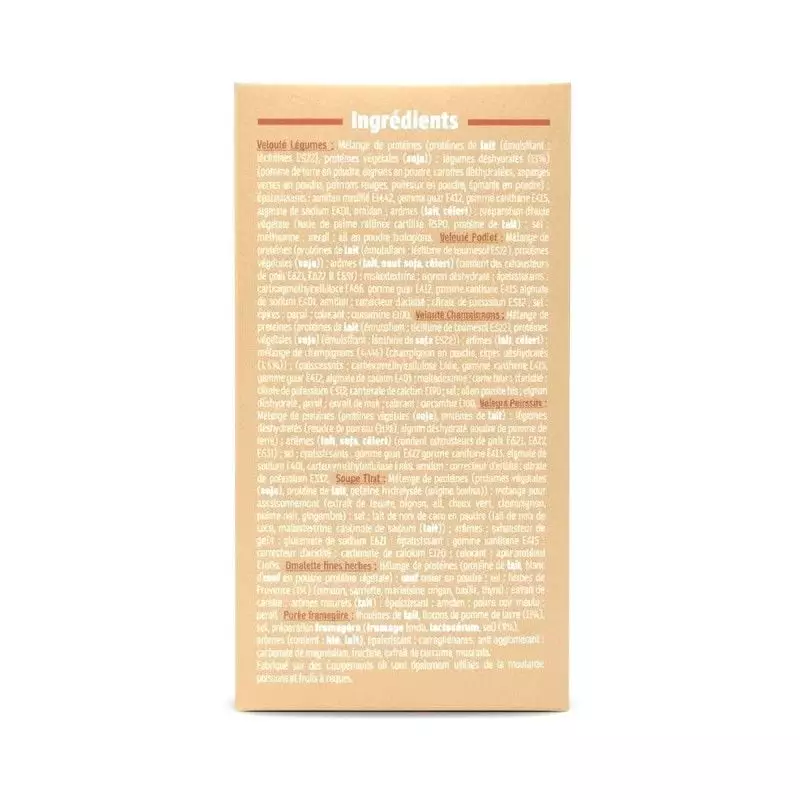 Liste des ingrédients en français sur la boîte Protifast Assortiment Goûts Salés, protéines et addit
