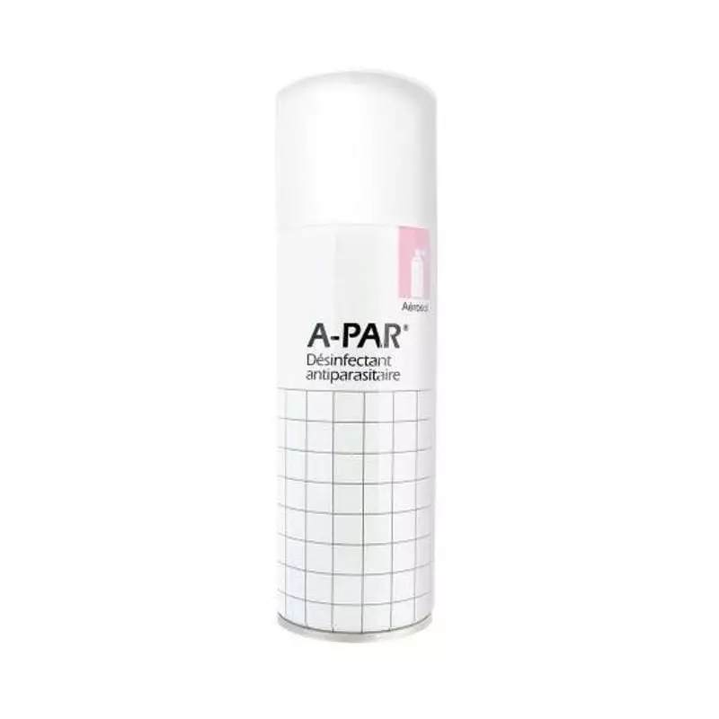 Bombe aérosol désinfectant antiparasitaire A-PAR 200 ml blanche avec des accents roses et motif quad