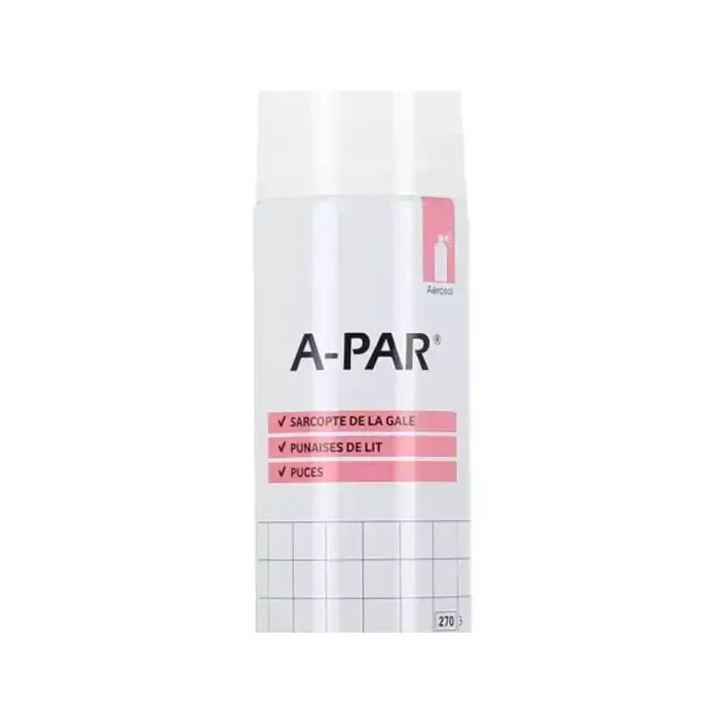 Gros plan de l'étiquette de l'aérosol A-PAR 200 ml : panneaux roses contre sarcopte de la gale, puna