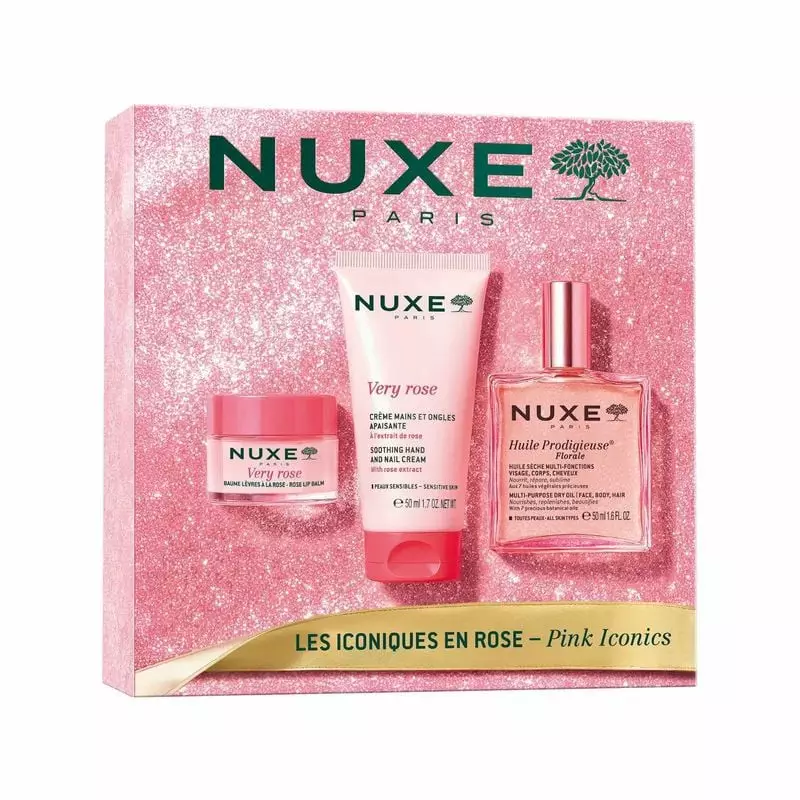 Coffret cadeau rose pailleté Nuxe Les Iconiques en Rose avec trois soins format vente à la rose prés