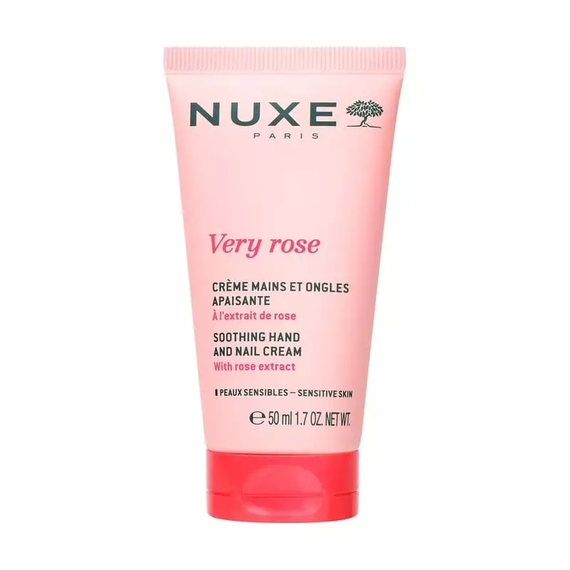 Nuxe Very Rose Crème Mains et Ongles Apaisante 50 ml, tube rose à l'extrait de rose pour peaux sensi