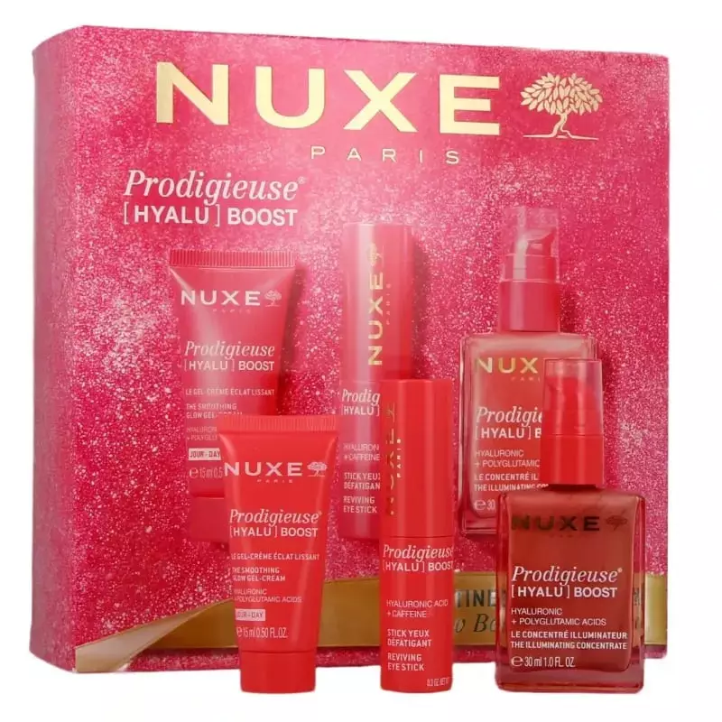 Trio Nuxe Prodigieuse Hyalu Boost devant le coffret cadeau rose à paillettes : gel-crème, stick yeux