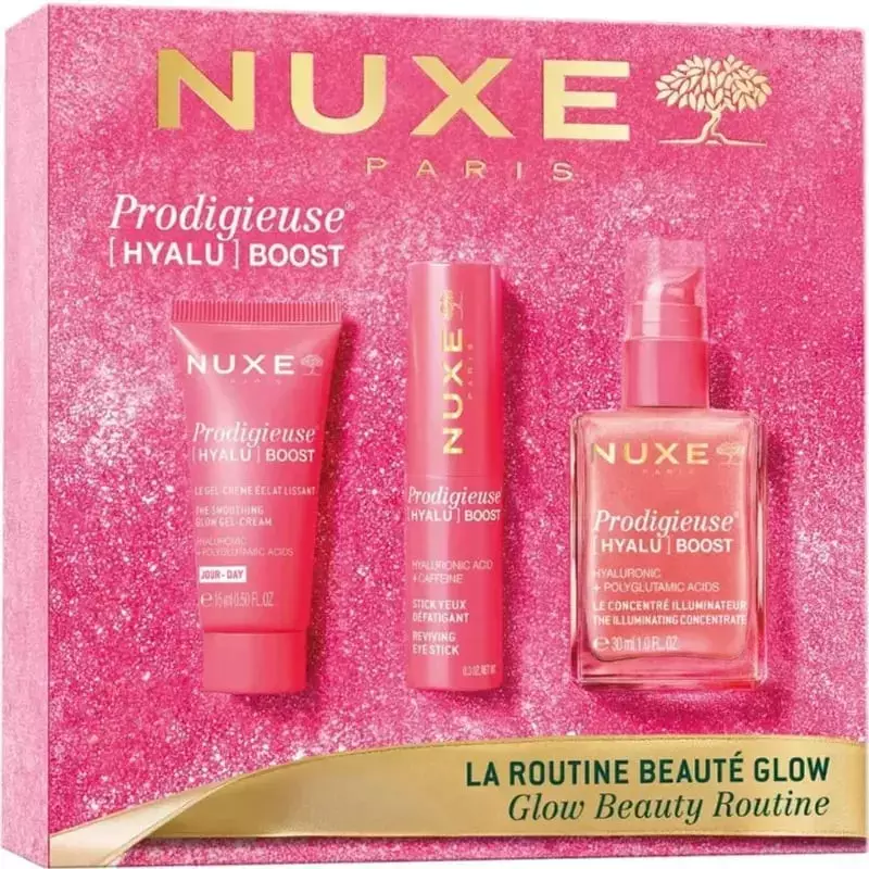 Coffret Nuxe Prodigieuse Hyalu Boost Glow Routine Beauté dans une boîte rose pailletée avec trois so