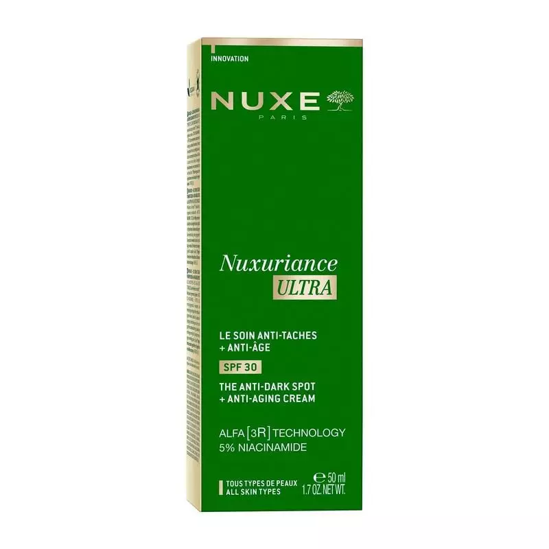 Crème visage anti-âge Nuxe Nuxuriance Ultra SPF30 dans son étui vert et doré de 50 ml