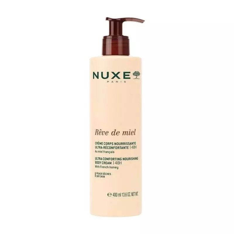 Flacon de lait corps Nuxe Rêve de Miel 400 ml avec pompe marron foncé et étiquette beige