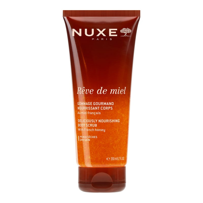 Nuxe Rêve de miel gommage gourmand nourrissant corps tube, 200 ml, gel couleur miel et logo Nuxe Par