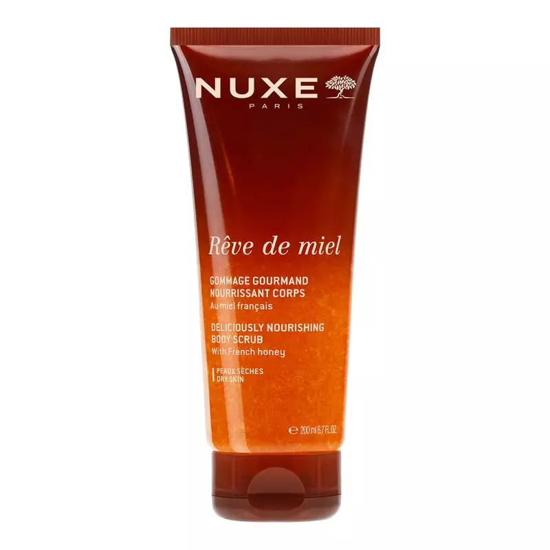Nuxe Rêve de miel gommage gourmand nourrissant corps tube, 200 ml, gel couleur miel et logo Nuxe Par