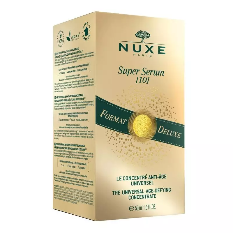 Boîte dorée Nuxe Super Sérum [10] Longevity 50 ml, formule vegan, 95 % d’origine naturelle, mention 