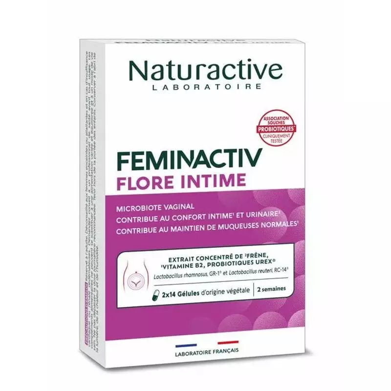 Face avant de la boîte Naturactive Feminactiv Flore Intime avec 28 gélules végétales pour le microbi