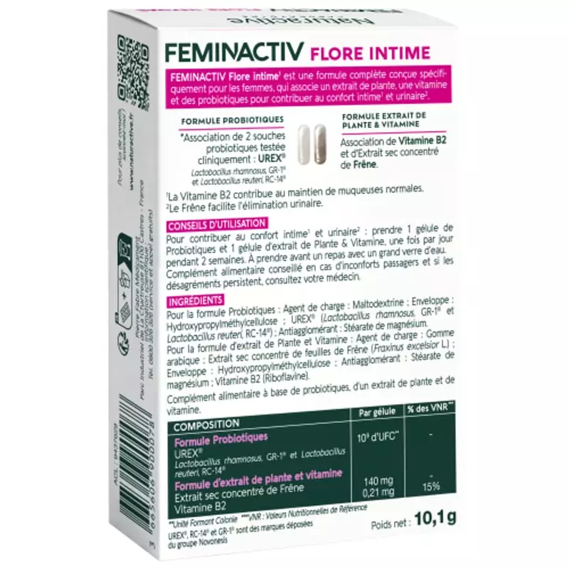 Arrière de la boîte Feminactiv Flore Intime avec ingrédients, tableau de composition et posologie