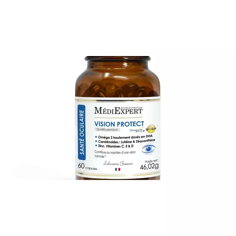 Flacon en verre ambré de complément oculaire Médiexpert Vision Protect avec étiquette blanche et 60 